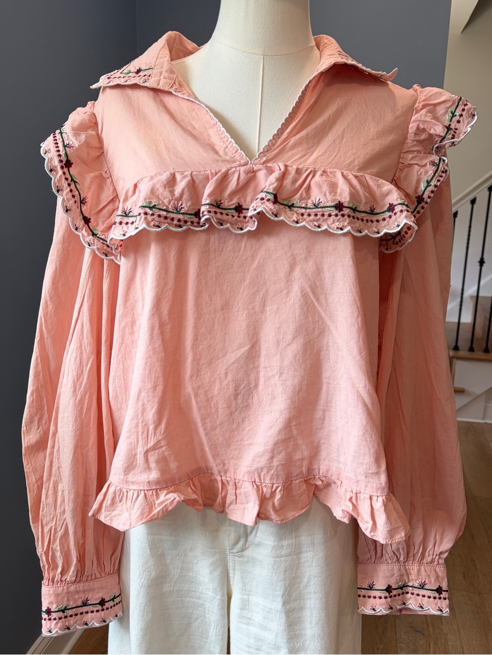 Free The Roses Pink Embroidered Ruffle Cotton Blouse Cottagecore Boho Large